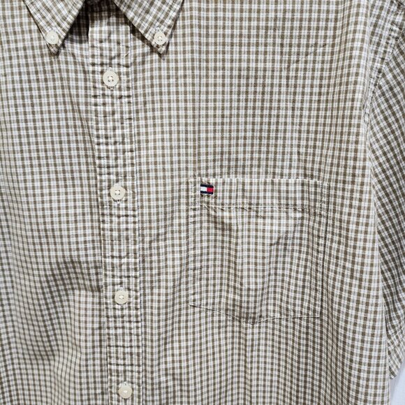 Tommy Hilfiger Men’s XL Brown White Plaid Check Short Sleeve Cotton Button Shirt - Picture 3 of 8